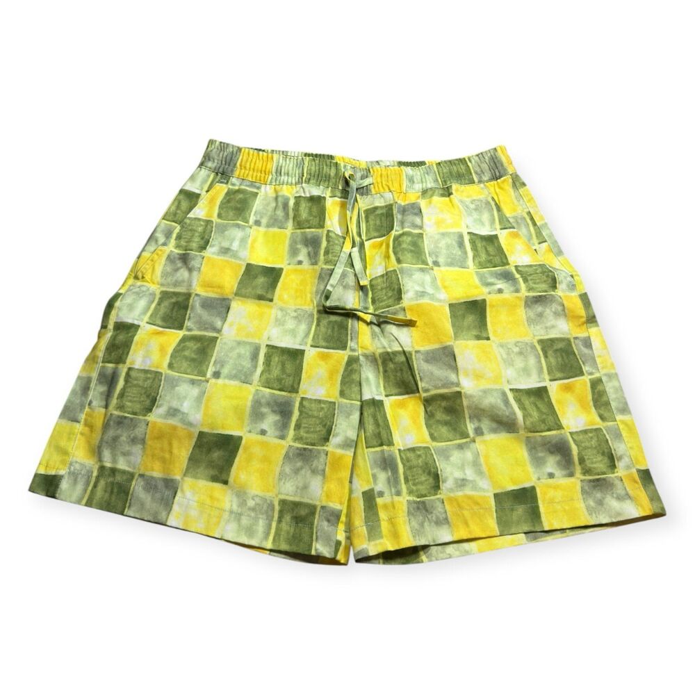 Zara Yellow Green Checkered Elastic Waist Drawstring Men's Bermuda Shorts Medium